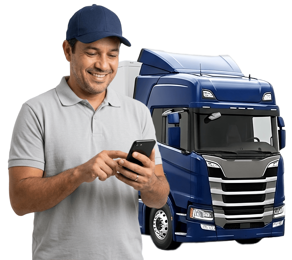 Transportador conferindo os documentos da frota pelo celular